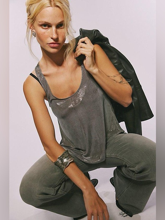 Free People Tops - Free People Gray Satin Shine Tank Top